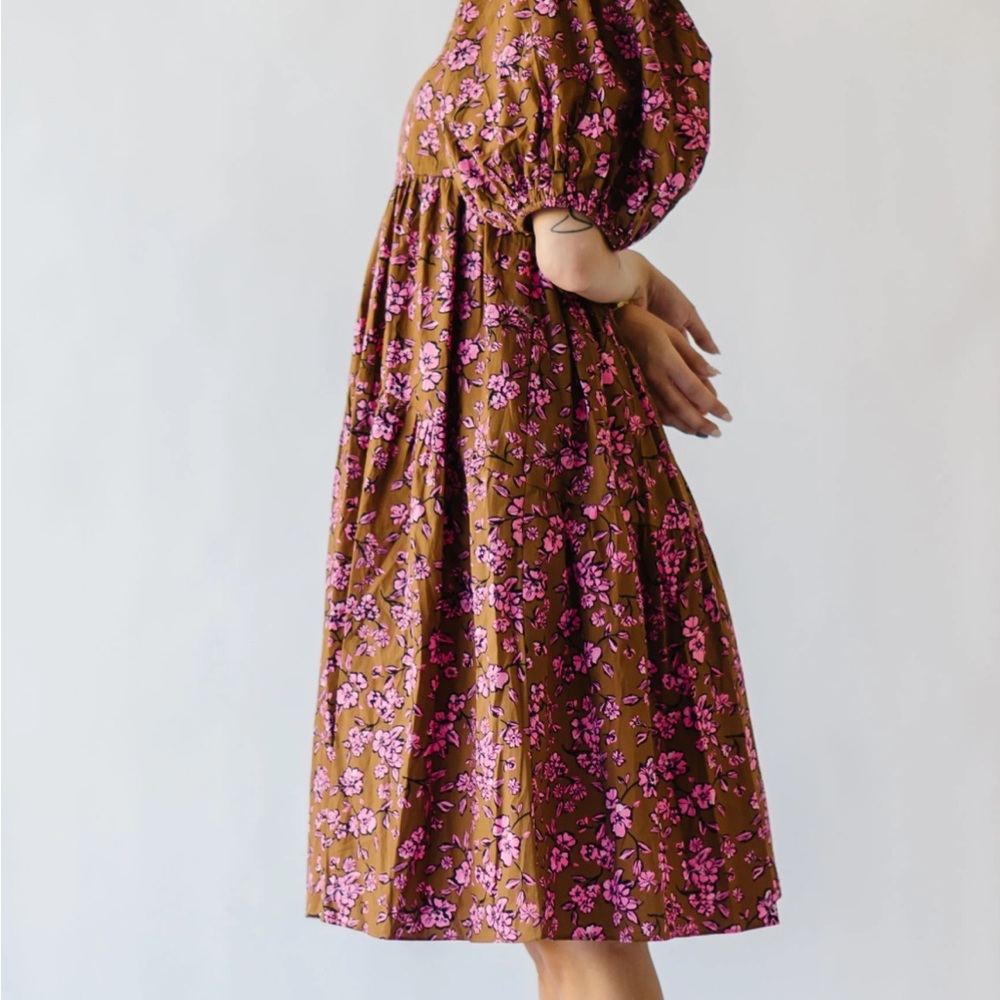 Piper and Scoot Floral Brown and Pink Midi Dress